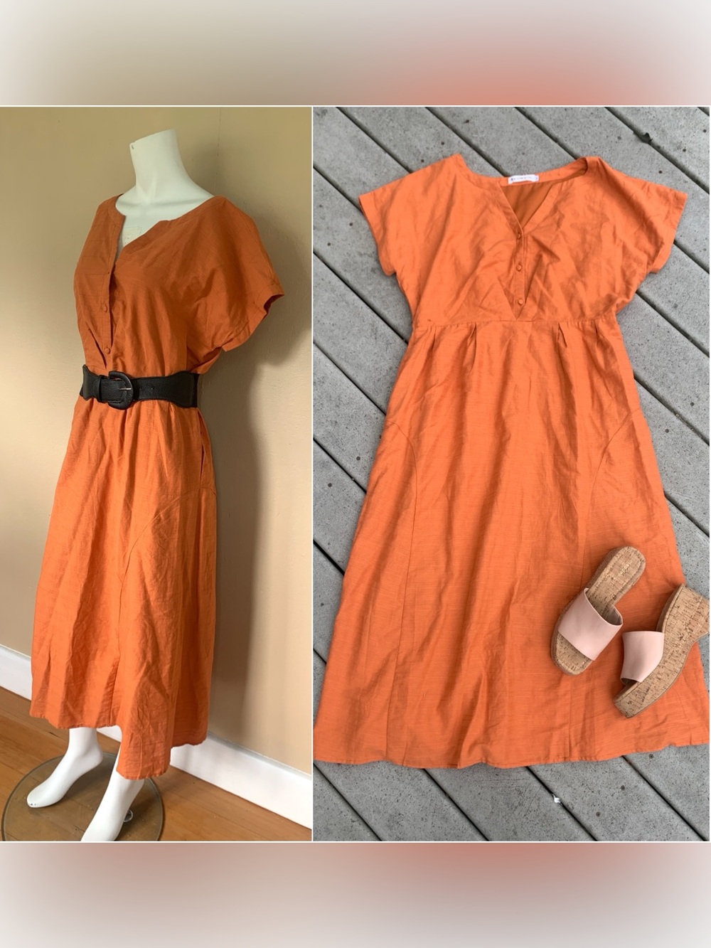 Orange Linen Midi Dress | Babydoll Summer Mid Length Dress